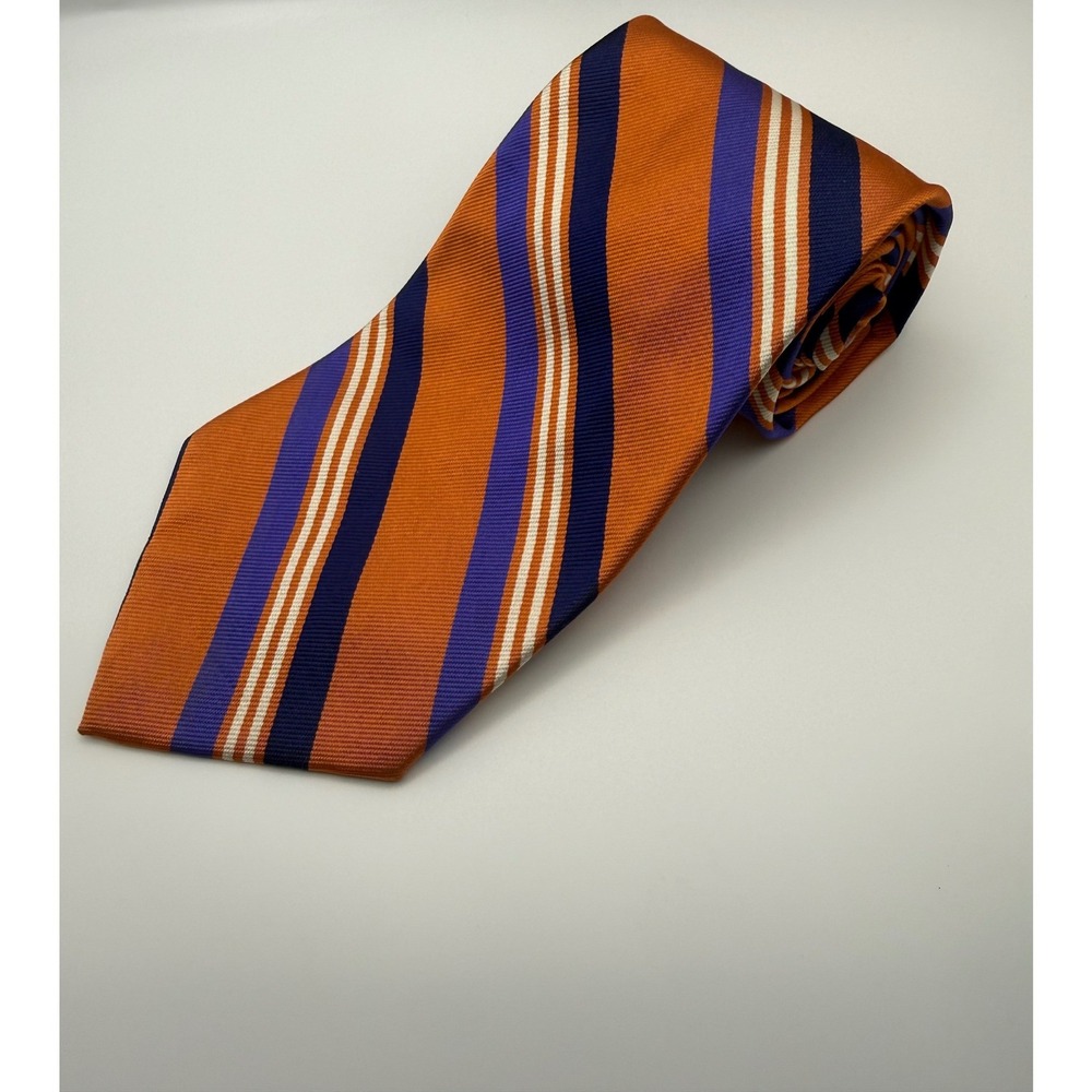 Polo Ralph Lauren Silk Tie Orange Purple Navy Striped Regimental Hand Made-2459